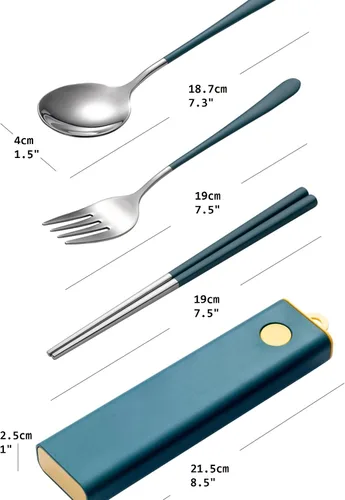 Vista 2 de Muka Juego de 3 utensilios portátiles personalizados, palillos de acero inoxidable, tenedor, cuchara de viaje con logotipo personalizado y nombre