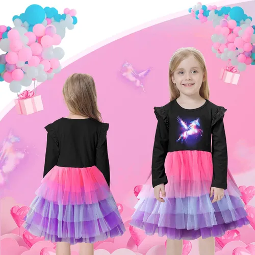 Vista 7 de VASCHY Dress for Girls, Cute Girls Casual Autumn Spring Long-Sleeve Outfit,ToddlerLittleBig Kid Girls Clothing Size 3-10T