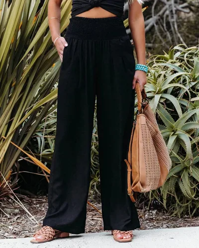 Vista 5 de Pantalones de lino de primavera para mujer, pantalones casuales palazzo, cintura alta, bohemios, piernas anchas, holgados, con bolsillo