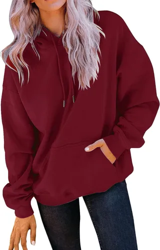 Vista 3 de Sudadera de gran tamaño para mujer, color sólido, sudadera de manga larga, suéter de moda con bolsillo