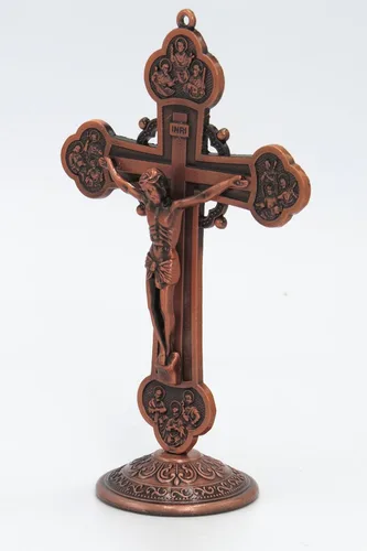 Vista 4 de GGCI Crucifijo - Cruz de pared de bronce rojo, estatua de metal tonificado y cruz de Jesucristo de mesa, 6 pulgadas de altura