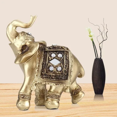 Vista 4 de Elegante estatua dorada de elefante, escultura respetuosa con el medio ambiente, fortuna para regalos de decoración del hogar (9 x 9)