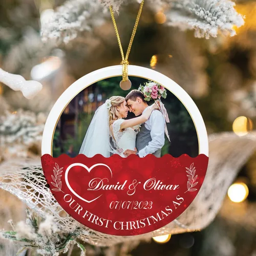 Vista 3 de Adorno personalizado de aniversario de boda, foto personalizada con nombre y fecha, adorno de aniversario de boda Navidad 2023, regalos de Navidad
