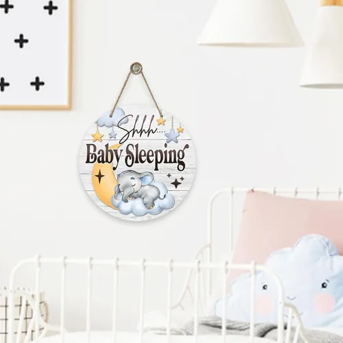 Vista 6 de Shhh Baby Sleeping - Letrero para puerta delantera, elefante, luna, nube, estrellas, colgador de puerta de madera, decoración de dormitorio