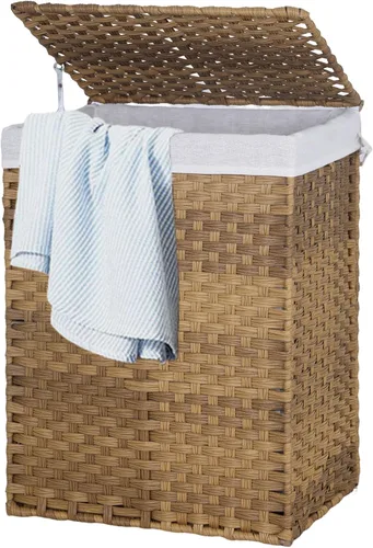 Vista 9 de Cesta de ropa con tapa, cesta de lavandería de 90 litros con tapa, cestas grandes para lavandería con 2 bolsas extraíbles con forro, cesta de Marrón