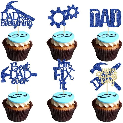 Vista 25 de Gyufise 24 piezas de decoración para cupcakes con bigote con purpurina negra del mundo para el mejor papá del mundo, decoraciones para el Día