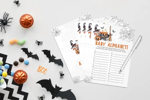 Vista 3 de Juego del alfabeto de Halloween para bebé, juego de Halloween para baby shower, decoraciones de baby shower, suministros de fiesta de revelación