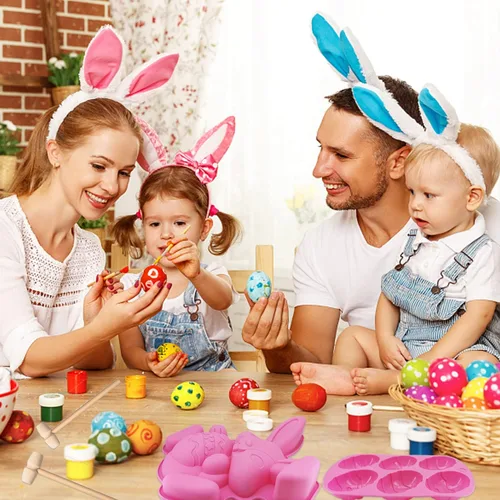Vista 5 de Molde de conejo grande para huevos de Pascua, molde de silicona con forma de huevo de Pascua en 3D, molde de silicona para pastel de conejo de Rosa