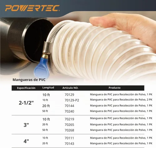 Vista 6 de Manguera flexible de PVC para recolección de polvo 70143 de Powertec, 4 pulgadas x 20 pies, transparente