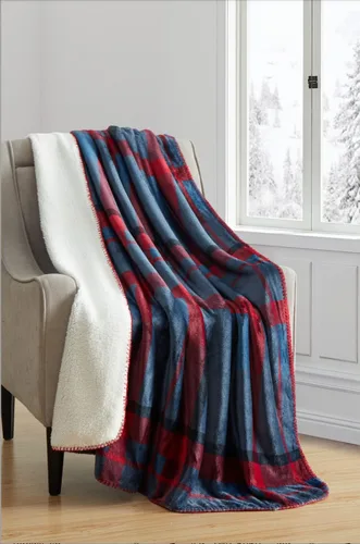 Vista 3 de Serafina Home Manta de franela de invierno Sherpa para vacaciones: diseño a cuadros de tartán rojo y azul, forro polar mullido, felpa cálida, acento