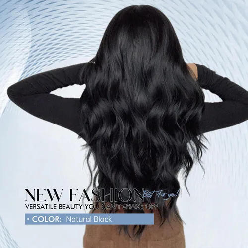 Vista 4 de Allbell - Pelucas largas negras para mujer, rizada, sintética, con flequillo, onda corporal, de aspecto natural, fibra resistente al calor, cabello