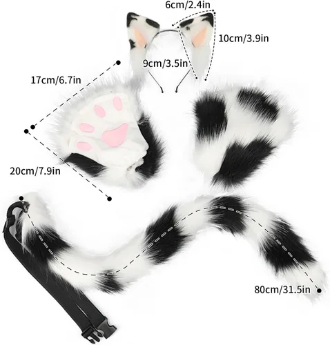 Vista 2 de JUNBOON Juego de orejas de gato de piel sintética y cola de lobo y zorro para adultos y niños, kit de guantes con garras para fiesta de Halloween