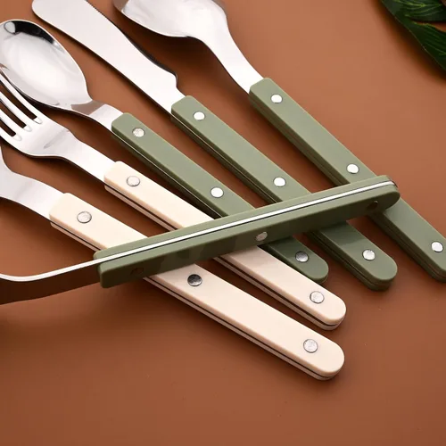 Vista 7 de Juego de 20 cubiertos de acero inoxidable para 4 piezas con mango de plástico acrílico, mantequilla y cuchillo de cena, juego de cubiertos