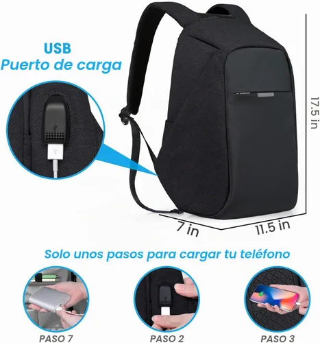 Vista 6 de Mochila de viaje antirrobo portátil, mochila para laptop con puerto de carga USB., Negro