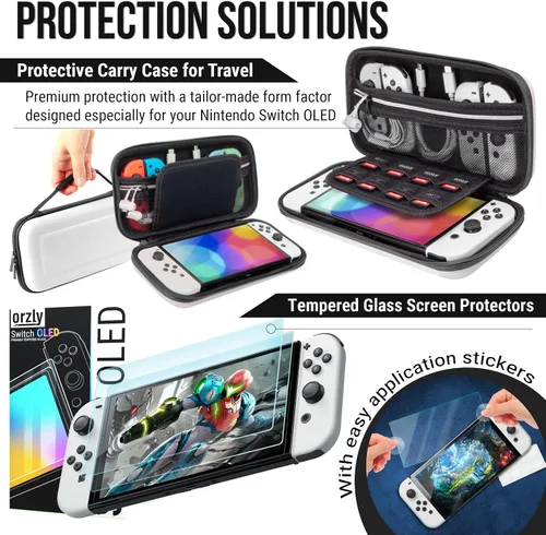 Vista 3 de Orzly Paquete de accesorios compatible con consola OLED Nintendo Switch (no compatible con edición 2017), paquete Ultimate Geek con funda