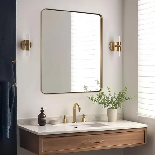 Vista 39 de ANDY STAR Espejo de pared cuadrado para baño, espejo de baño negro mate de 24 x 24 pulgadas, espejo de metal de esquina redondeada en marco de acero