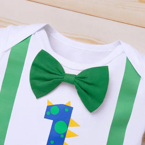 Vista 2 de IDOPIP Traje de circo para bebé niño, primer cumpleaños, pañal, pañal, diadema, sombrero, disfraz de fiesta 4 dinosaurios verdes