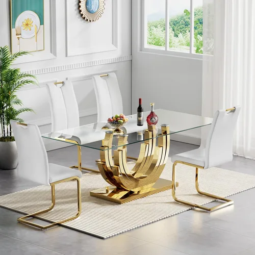 Vista 22 de Juego de mesa de comedor de cristal dorado moderno de 70 pulgadas para 4, juego de mesa rectangular de 5 piezas con base de acero en forma de anillo