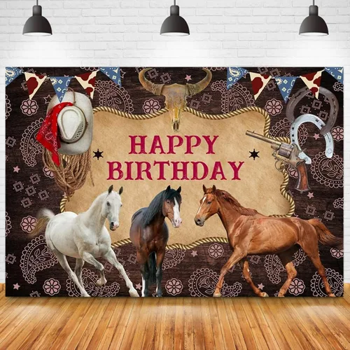 Vista 2 de Decoración de cartel de celebración de caballo para fiesta de cumpleaños, telón de fondo estable del salvaje oeste, fondo de fotos de baby shower