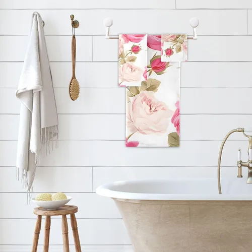 Vista 5 de susiyo Juego de toallas de baño de 3 piezas, suaves y altamente absorbentes, hermosas toallas de baño florales rosas rosas toallas de baño, toallas