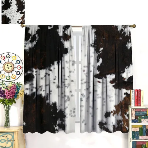 Vista 4 de Cortinas Opacas de Piel de Vaca Estilo Granja Rústico Occidental Marrón Negro Blanco Estampado Artístico de Piel de Vaca para Niños Chicos Hombres