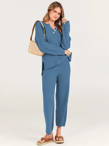 Vista 3 de ANRABESS Conjunto de 2 piezas para mujer, conjunto de suéter holgado holgado de punto de gran tamaño, conjunto de ropa de descanso a juego de moda