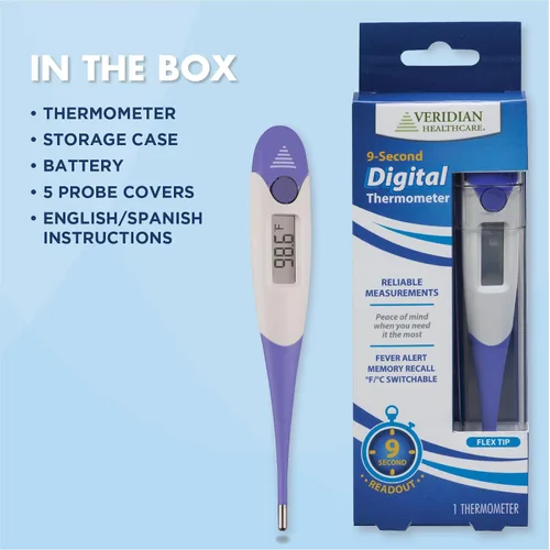 Vista 7 de Veridian Healthcare Termómetro digital Lectura de 9 segundos Fahrenheit y Celsius Punta flexible Oral, Rectal & Underarm Use, Fever Alert at