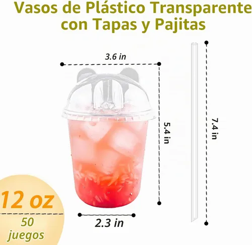Vista 3 de Qsqwsuye 50 juegos de vasos desechables transparentes de plástico de 12 oz con tapas y popotes de panda, diseño fácil de agarrar, adecuado para café