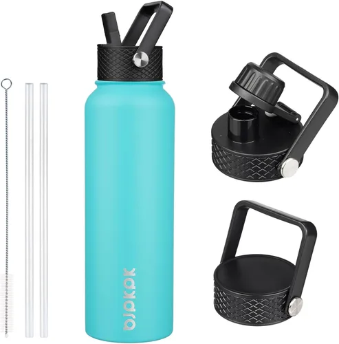 Vista 114 de BJPKPK Botellas de Agua Aisladas con Tapa de Pajita, Botella de Agua de Acero Inoxidable de 18oz, Termo Frío Caliente con 3 Tapas, Vaso de Viaje a