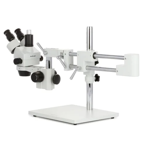 Vista 3 de AmScope - Microscopio de zoom estéreo simulfocal 7X-45X en soporte de brazo doble + 144-LED anillo de luz - SM-4TP-144