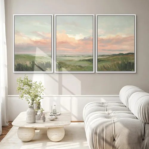 Vista 228 de SIGNWIN Lienzo enmarcado para pared, juego de arte pastel con cadena montañosa, bosque, niebla, naturaleza silvestre, ilustraciones modernas, arte