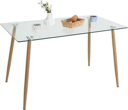 Vista 9 de Moccha - Mesa de comedor de cristal de 51 pulgadas, mesa rectangular moderna con amplia mesa de vidrio templado y patas de metal negro, almohadillas