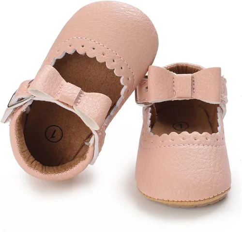 Vista 4 de COSANKIM Zapatos planos Mary Jane para bebés y niñas, suela de goma antideslizante, zapatos de vestir de princesa para boda