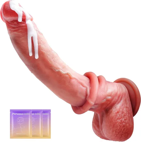 Vista 7 de Consolador de juguetes sexuales, consoladores realistas de 10.3 pulgadas con bolas exprimibles y prepucio móvil, juguete sexual de silicona realista