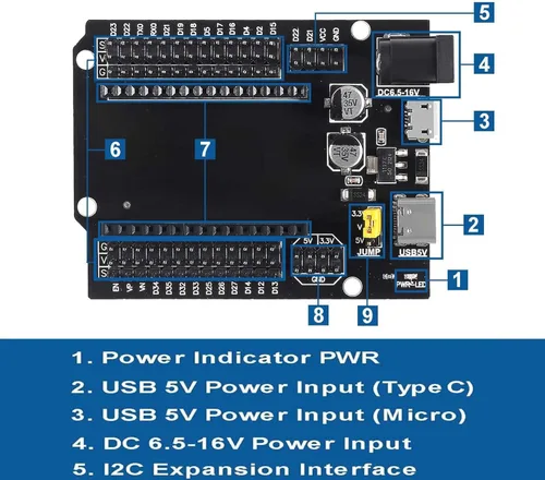 Vista 3 de Placa de desarrollo de 30 pines 2.4 GHz WiFi Bluetooth de doble núcleo para Arduino, con placa de expansión USB tipo C + cable de alimentación