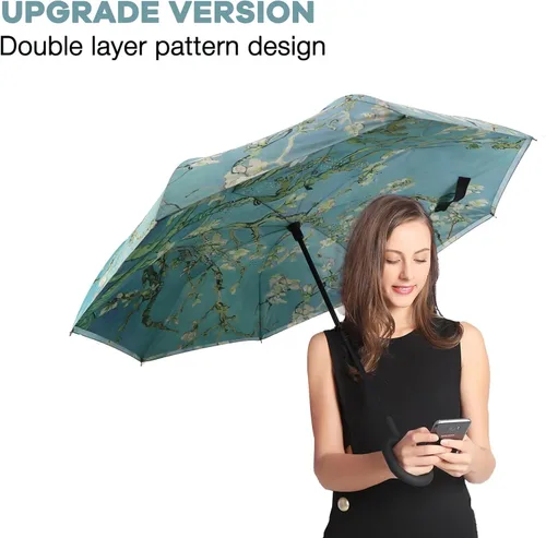 Vista 3 de SIEPASA - Paraguas invertido con mango en forma de C, resistente al viento y a los rayos UV, para mujeres y hombres.