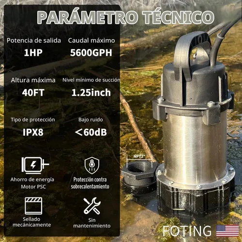 Vista 2 de FOTING 1HP - Bomba de sumidero sumergible para aguas residuales/efluentes de 5600 GPH de 40 pies, de hierro fundido resistente, automática/manual
