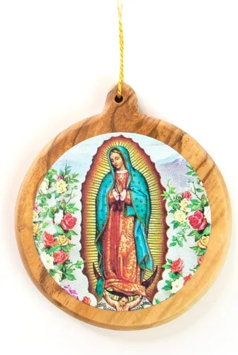 Vista 6 de Adornos de Navidad católicos – Sagrada Familia Bizantina Icono Redondo Adornos de Madera de Olivo de Tierra Santa – Pequeños adornos de Navidad
