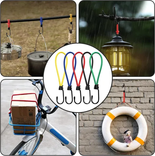 Vista 4 de Cuerda elástica pequeña de 7 pulgadas con ganchos, cuerdas elásticas negras resistentes al aire libre con ganchos para camping, lonas, tiendas