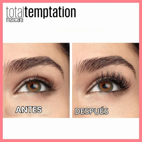 Vista 2 de Máscara de pestañas lavable de Maybelline Total Temptation. Negro más negro. 0.27 oz oz., lavable Negro café.