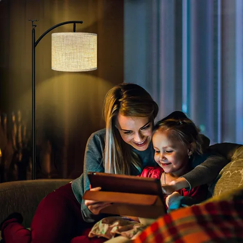 Vista 6 de Lámpara de pie, lámpara de pie para sala de estar con bombilla LED de 3 temperaturas de color, lámpara de pie, pantalla de lino de alta calidad