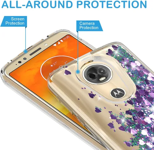 Vista 2 de Funda para Moto G6 Play, Moto G6 Forge con protector de pantalla de vidrio templado, Rosebono Quicksand Glitter Bling Liquid TPU Bumper Funda Púrpura