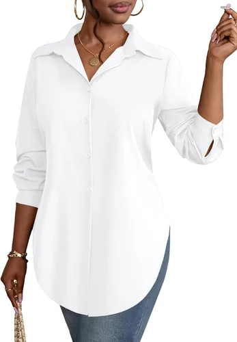 Vista 12 de Rooscier Blusa larga con cuello en V para mujer, manga larga, abertura lateral, con botones