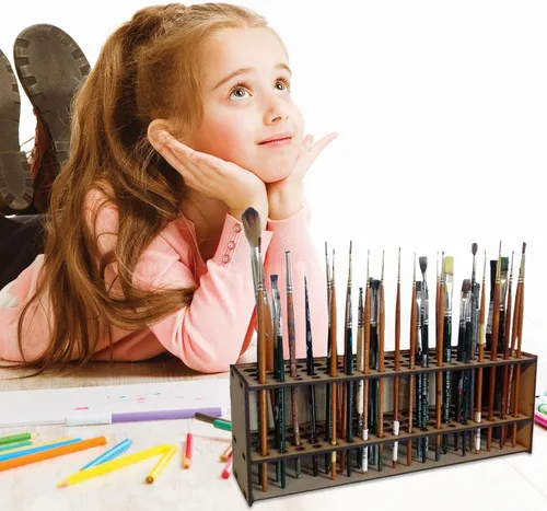 Vista 7 de Organizador de pinceles de madera para pintura, soporte de almacenamiento de 67 agujeros, soporte para pinceles de arte para niños