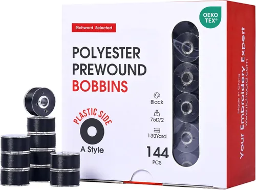 Vista 11 de Poolin Bobinas preenrolladas Richword Selected 25 unidades, blanco + negro, tamaño A, lado de plástico, hilo de poliéster 70D/2 (60WT) para máquina