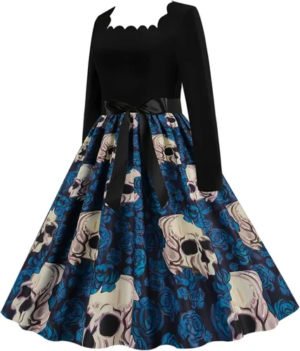 Vista 3 de Vestido de Halloween para mujer 2022 estampado de moda manga larga cuello cuadrado casual dobladillo