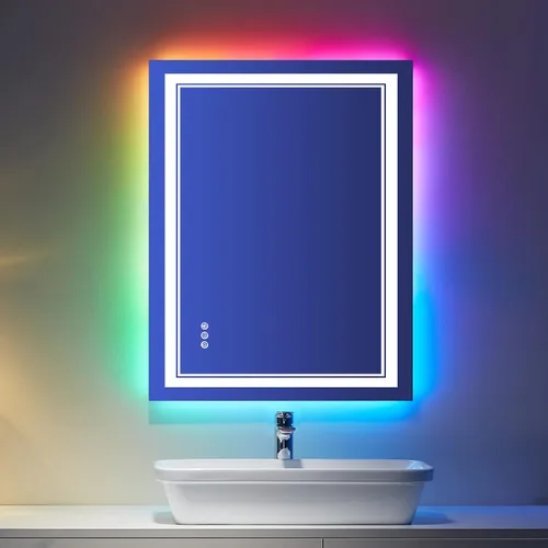 Vista 34 de Espejo de baño LED de 24 x 28 pulgadas, luz frontal y retroiluminada, antiniebla, regulable, espejo de tocador iluminado con memoria, espejo LED