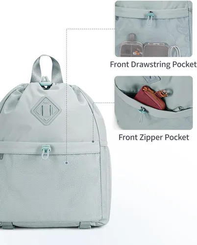 Vista 7 de WANDF Mochila con cordón para mujer, bolsa de gimnasio con correa para esterilla de yoga, resistente al agua, con bolsillo de malla, Gris