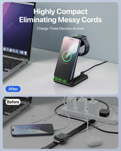 Vista 3 de Intoval Estación de carga inalámbrica 3 en 1 para iPhone y Apple Watch, soporte de cargador inalámbrico rápido, base de carga de escritorio compacta