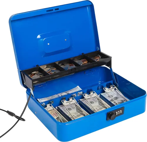 Vista 12 de Jssmst - Caja grande de seguridad para dinero con bandeja; caja de dinero de metal con cerradura de combinación y cable de seguridad, color negro